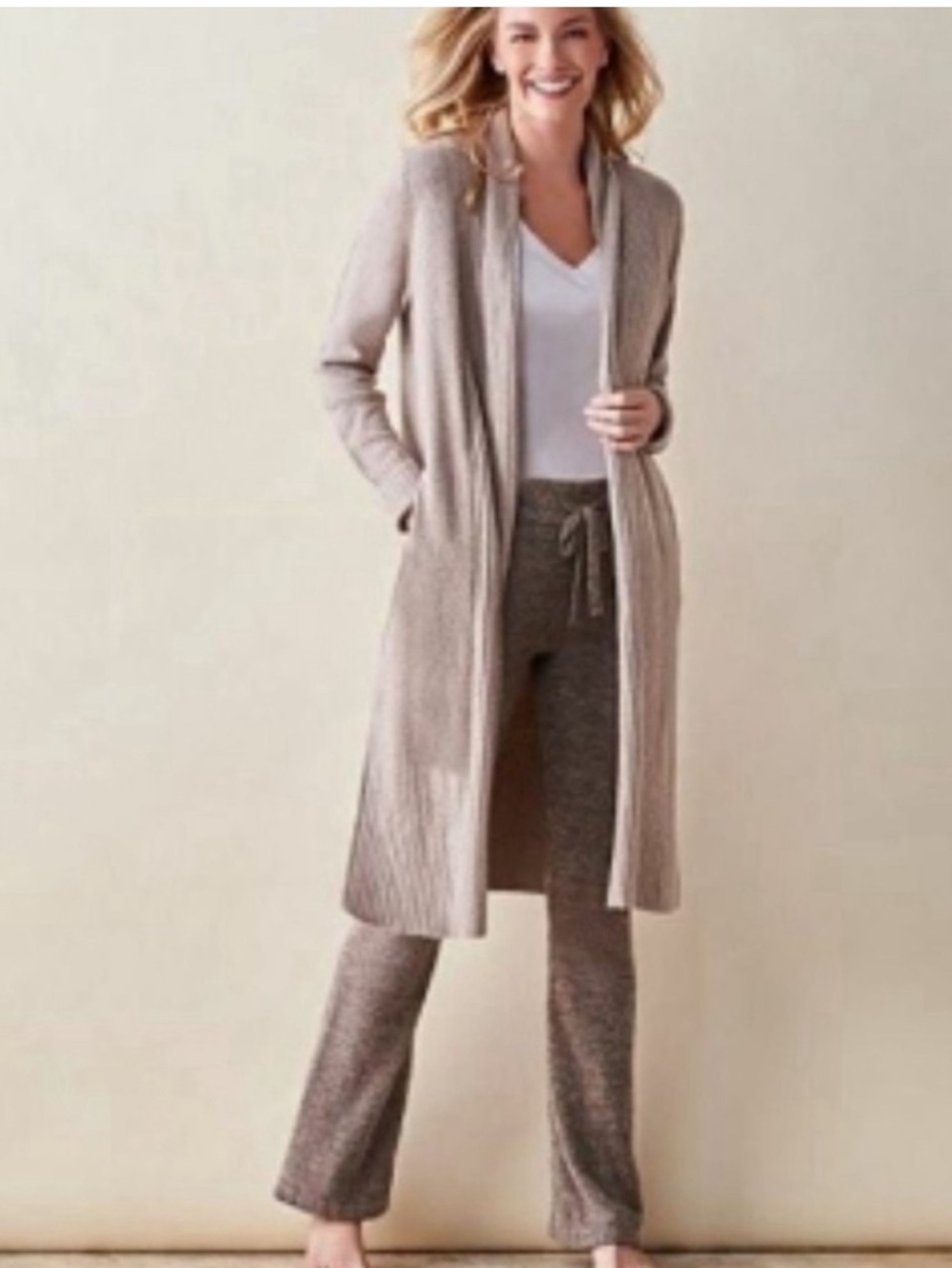 Barefoot Dreams CozyChic Lite Catalina Long Cardigan in Beige Sand Size L - Picture 10 of 10